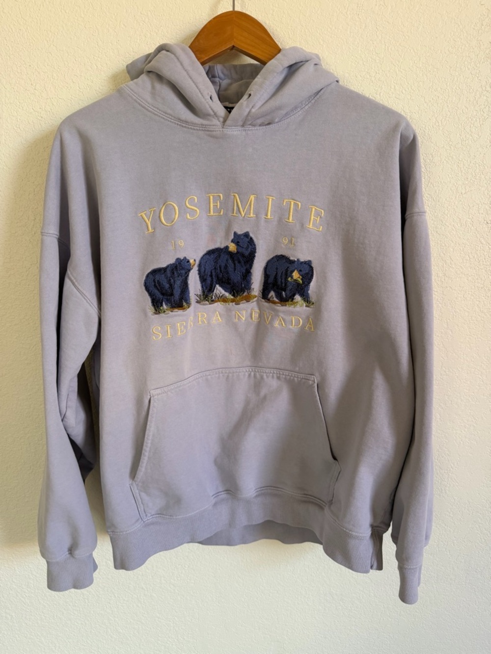 Brandy Melville Lavender Crewneck Hoodie with Navy Bear Embroidery